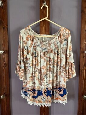 Cream Paisley Crochet-Hem Peasant Tunic with Navy Border